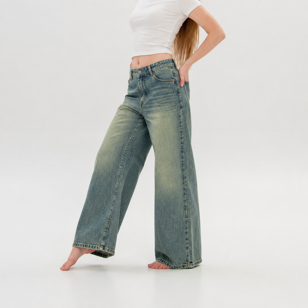Women's Wide Leg Spray Whiskered Jeans (20157)