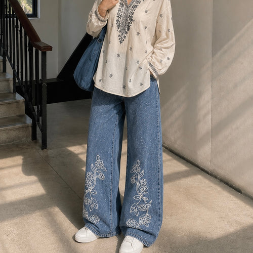 Women's Rhinestone Floral Print Wide Leg Jeans